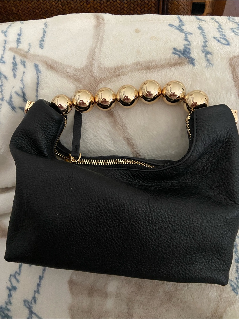 Doris & Jacky Black Pebbled Leather Handbag Gold Bead Handle Small